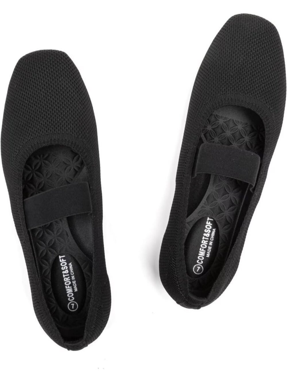 Women's Black Knit Square Toe Ballet Flats With Elastic Straps Comfortable Shoes